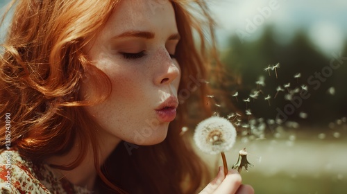 beautiful woman with red hair blows into dandelion outdoors