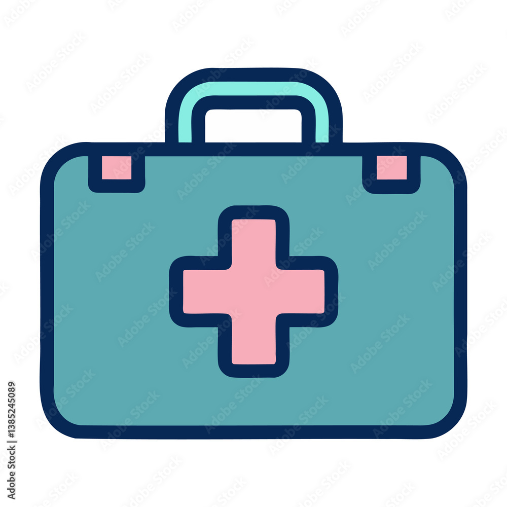 Teal and pink cartoon vector illustration of first aid kit with cross symbol in flat minimal healthcare emergency medical icon design style Teal and pink cartoon vector illustration of first aid kit with cross symbol in flat minimal healthcare emergency medical icon design style