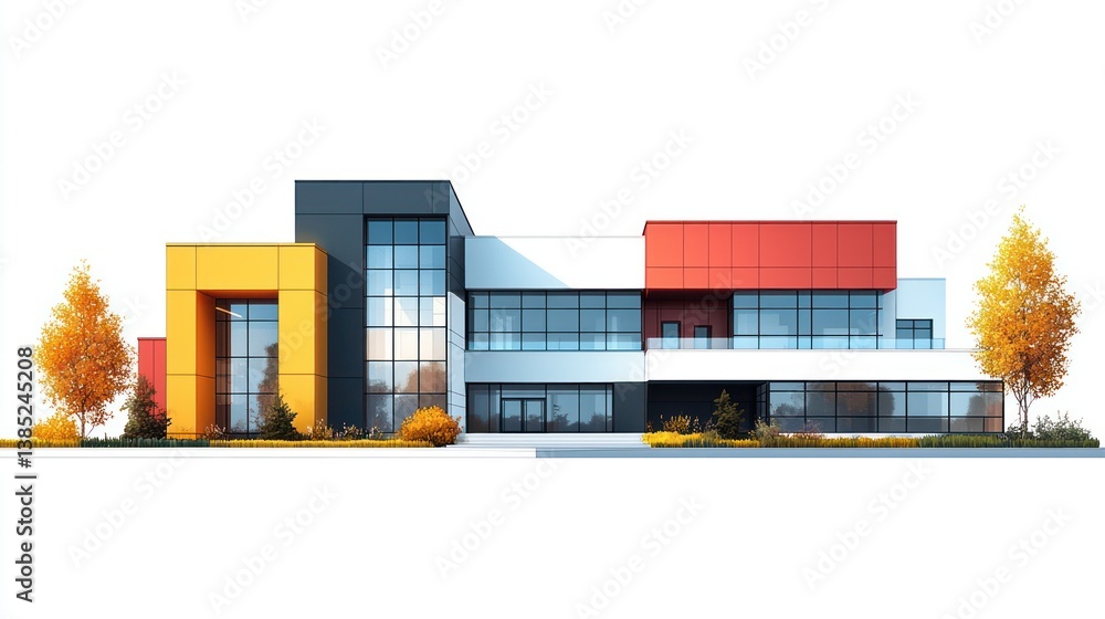 Obraz premium Colorful modern house architectural rendering, autumn trees, white background, real estate