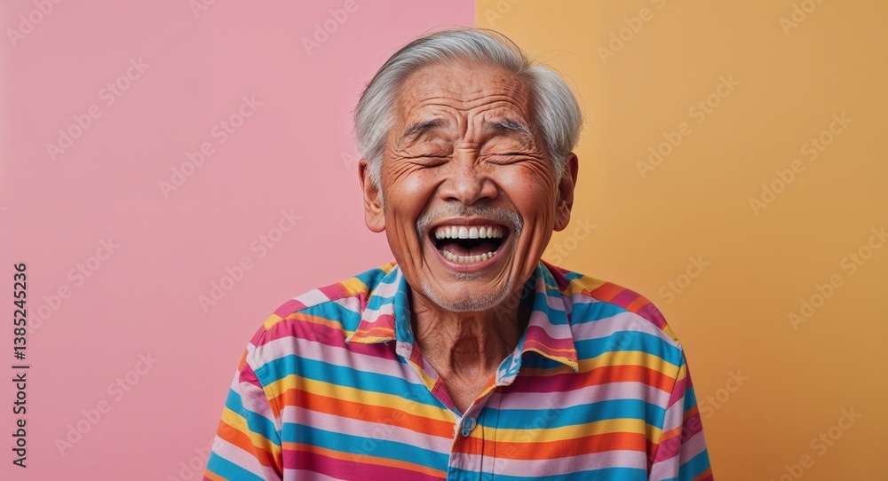 Caucasian elderly man on colorful plain bright background happy laughing hysterical looking at camera portrait banner with copy space ad concept marketing Caucasian elderly man on colorful plain bright background happy laughing hysterical looking at camera portrait banner with copy space ad concept marketing