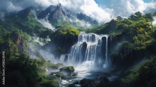 Majestic Mountain Waterfall Landscape, Lush Greenery, Mist