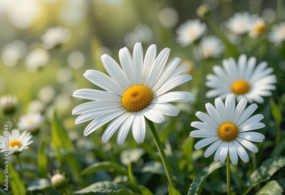Fototapeta premium Blooming White Daisy Flowers in a Lush Green Field on Sunny Day