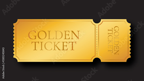 Golden ticket template. Ideal for concerts, parties, or festivals. Isolated ticket design on a black background.