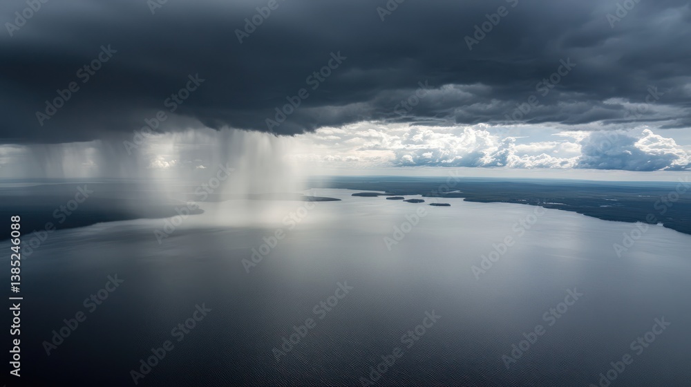 Obraz premium Aerial view of rain clouds over a lake. Possible use Stock photo for nature, weather, travel