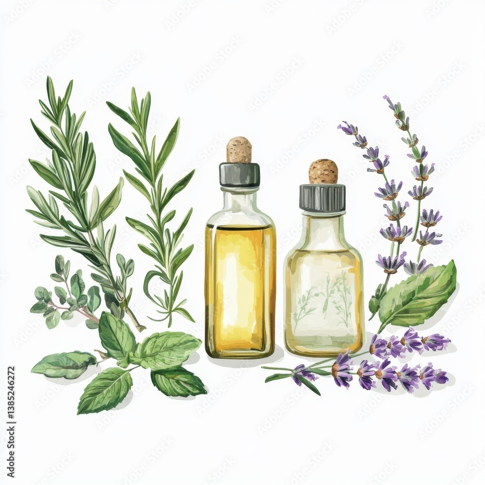 Essential Oils and Fresh Herbs on White Background for Wellness Essential Oils and Fresh Herbs on White Background for Wellness