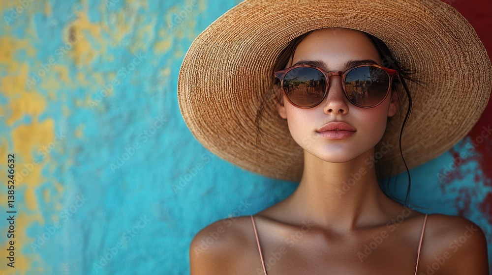 Fototapeta premium Woman, summer hat, sunglasses, colorful wall, beach style, fashion portrait