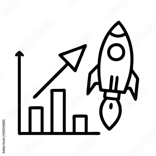 Growth chart with rocket launch for business startup success and financial performance reaching targets goal