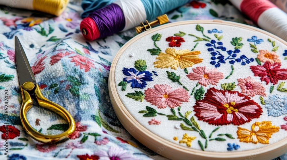 Fototapeta premium Colorful Floral Embroidery Design with Threads and Scissors