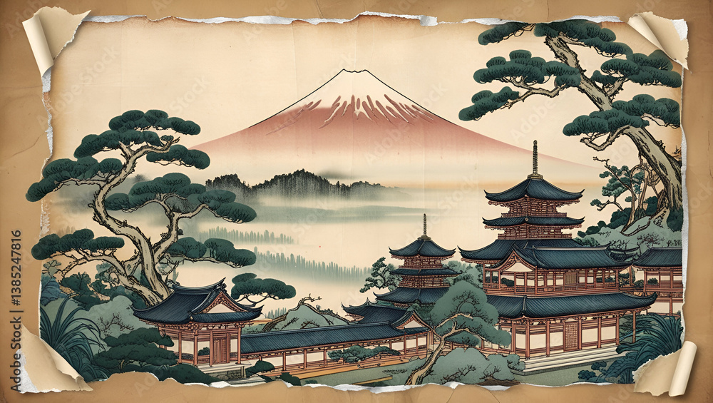 Traditional Japanese Ukiyo-e style illustration featuring Mount Fuji, temples, and trees. Vintage paper texture with a historical and retro nature landscape.