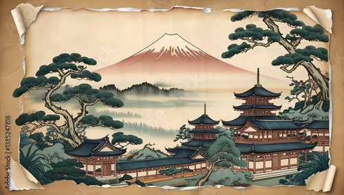 Obraz na płótnie Traditional Japanese Ukiyo-e style illustration featuring Mount Fuji, temples, and trees. Vintage paper texture with a historical and retro nature landscape. w salonie