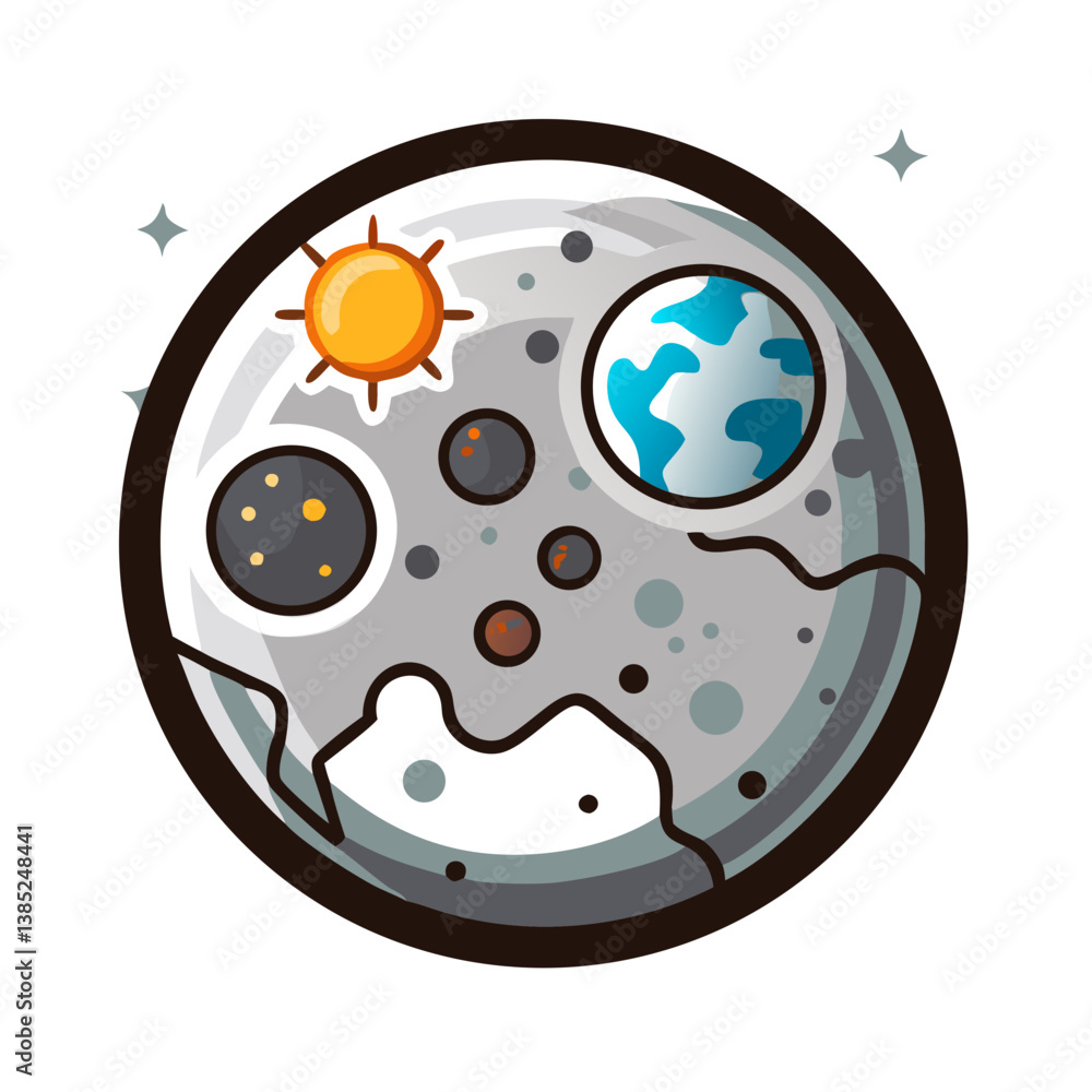Fototapeta premium Moon surface with Earth and sun cartoon illustration