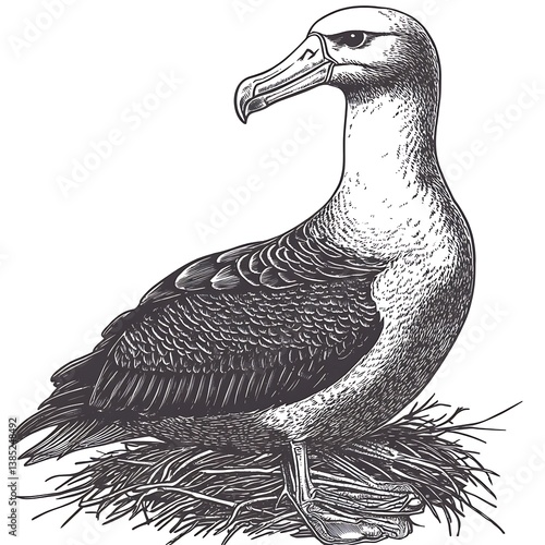 Black and White Illustration of an Albatross in its Nest. A detailed drawing of a majestic seabird resting amidst natural elements.