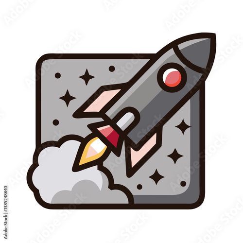Rocket in space with stars and smoke trail cartoon icon