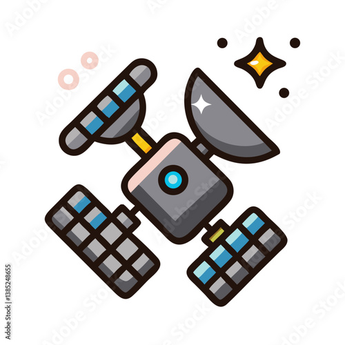 Cartoon satellite with solar panels and antenna icon