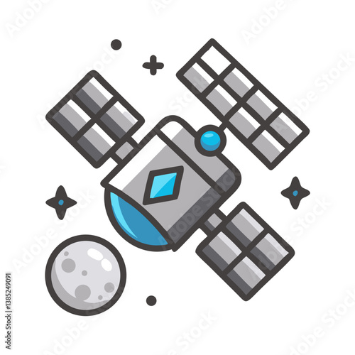 Satellite floating in space with moon cartoon icon