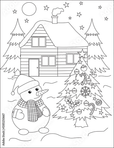 Coloring Page Outline Of Snowman With Christmas Tree Vector
