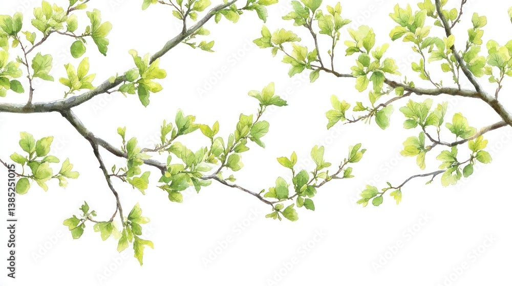 Spring branches with new leaves against a white background, ideal for nature-themed designs Spring branches with new leaves against a white background, ideal for nature-themed designs