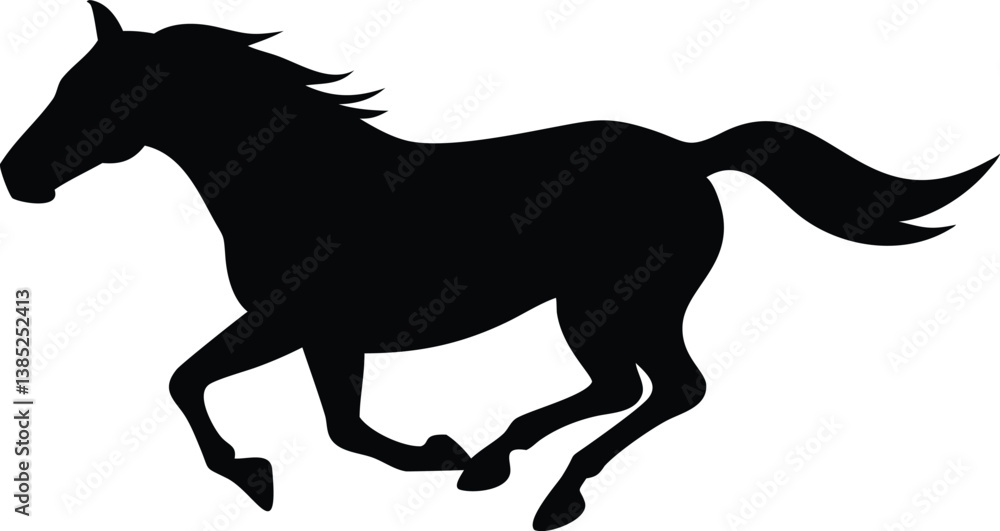 Black Silhouette of Galloping Horse on Transparent Background, Equestrian Symbol Black Silhouette of Galloping Horse on Transparent Background, Equestrian Symbol