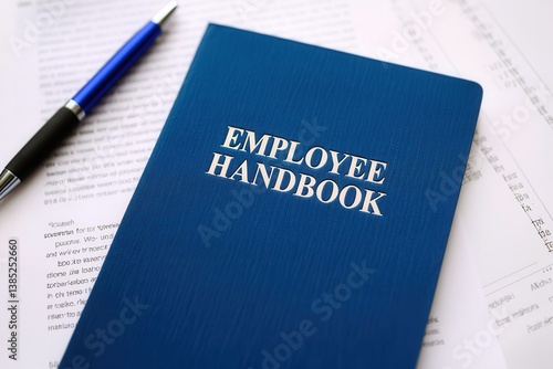 Employee handbook resting on paperwork with a pen lying nearby in a corporate environment