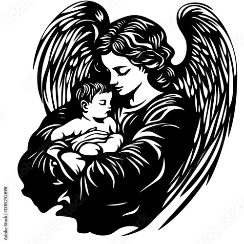 Detailed black vector design of a serene angel cradling an infant, showcasing a comforting embrace and intricate feathered wings, symbolizing protection and love