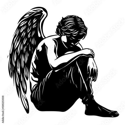 Black vector illustration of a melancholy angel sitting with folded wings, capturing a moment of reflection and solitude in a stylized design