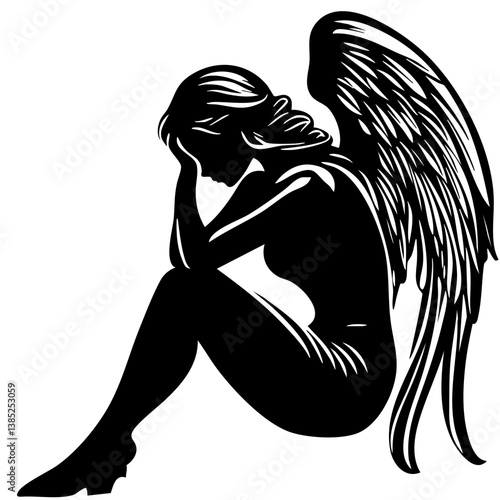 Elegant black vector design of a sorrowful angel figure expression of deep emotion, showcasing wings and a seated posture of introspection