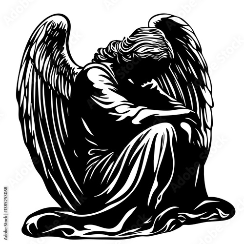 Elegant black vector illustration of a mourning angel perched with clasped wings, expressing sorrow and reflection in a solemn posture