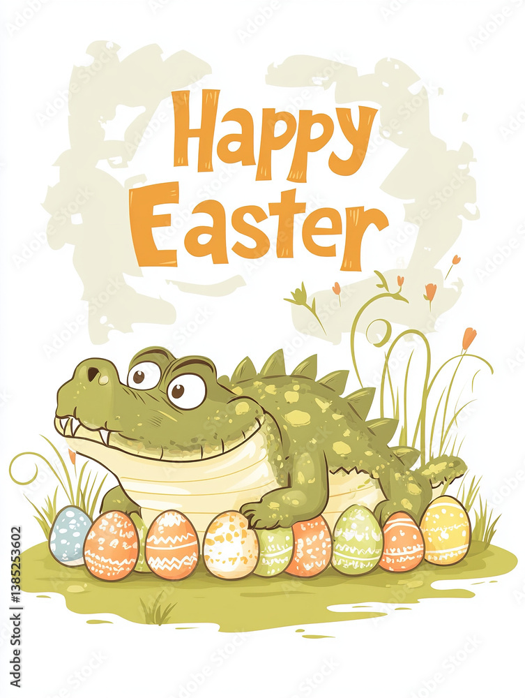 Obraz premium A delightful little crocodile is lying on the ground. In front of it are rows of bird eggs with letters that form “Happy Easter”. 
