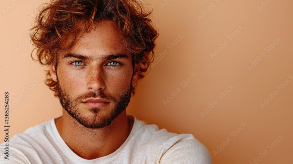 Obraz premium Man with curly hair, studio portrait, peach background, confident expression, model headshot