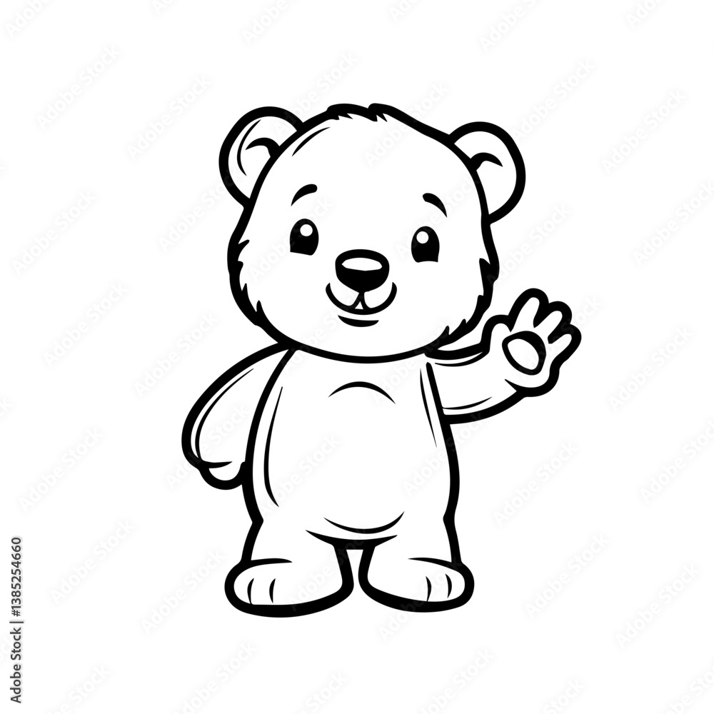 Cute bear character waving cheerfully, designed as a black vector illustration suitable for children’s materials and educational content Cute bear character waving cheerfully, designed as a black vector illustration suitable for children’s materials and educational content