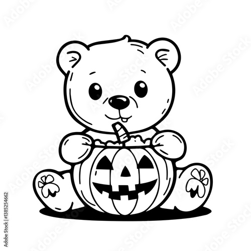 Cute bear carving a pumpkin with a playful expression in a festive autumn setting, capturing the joy of Halloween preparation