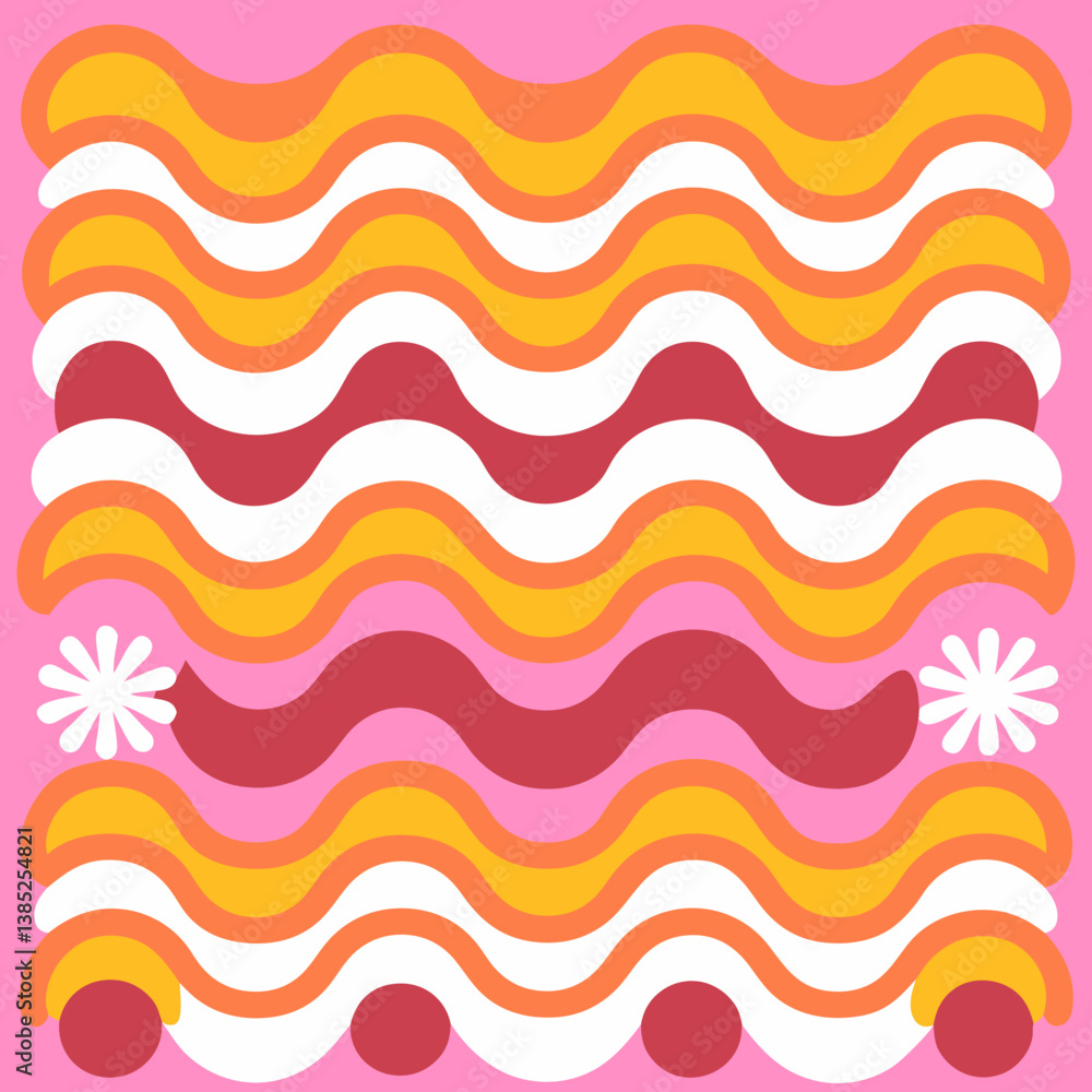 Retro Waves of Joy: A vibrant pink and orange abstract design featuring playful wavy lines, punctuated by simple white flowers and bold dots, creating a cheerful and nostalgic mood. Retro Waves of Joy: A vibrant pink and orange abstract design featuring playful wavy lines, punctuated by simple white flowers and bold dots, creating a cheerful and nostalgic mood.