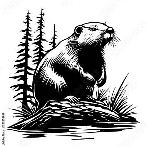 Vector design of a beaver standing on a rock with trees surrounding it in a natural habitat, depicting wildlife in a stylized manner