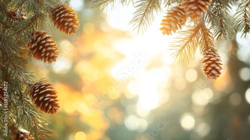 Winter sunrise, pine cones, branches, bokeh, forest, holiday card