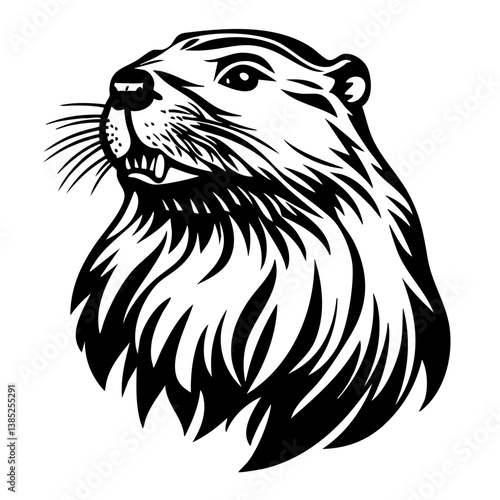 Illustration of a detailed black vector design featuring a stylized animal head showcasing prominent features and intricate lines for a bold artistic expression