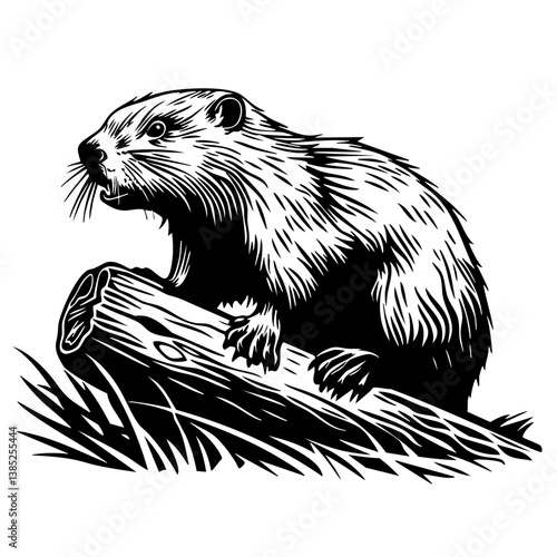 Black vector design of a beaver resting on a log, showcasing intricate details of fur and posture, perfect for wildlife-themed projects and illustrations