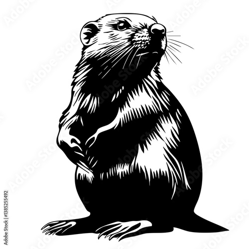 Stylized black vector illustration of a standing otter showing curiosity and alertness during its natural habitat at dusk