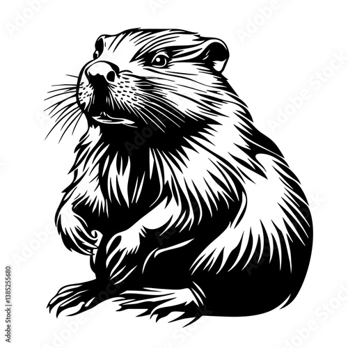 Detailed depiction of a stylized black vector illustration of a rodent showing texture and expression while sitting gracefully