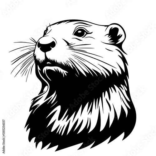 Detailed illustration of a groundhog's head showcasing strong features, whiskers, and fur design displaying a majestic and confident demeanor