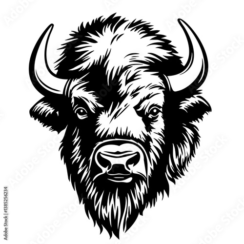 Buffalo head illustration showcasing intricate design elements and bold black vector style ideal for art projects, logos, and graphic design applications