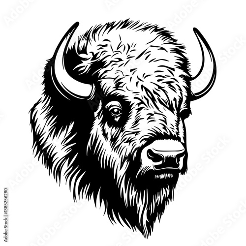 Detailed illustration of a bison head showcasing strong facial features with prominent horns, capturing the essence of wildlife and natural strength