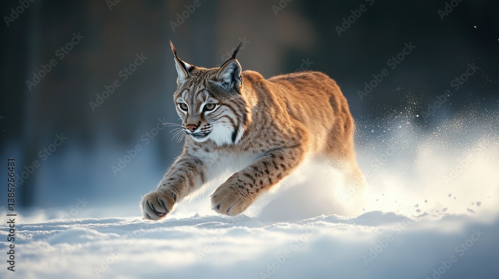 Naklejka premium Lynx running in snowy forest at sunrise. Possible use Nature photography