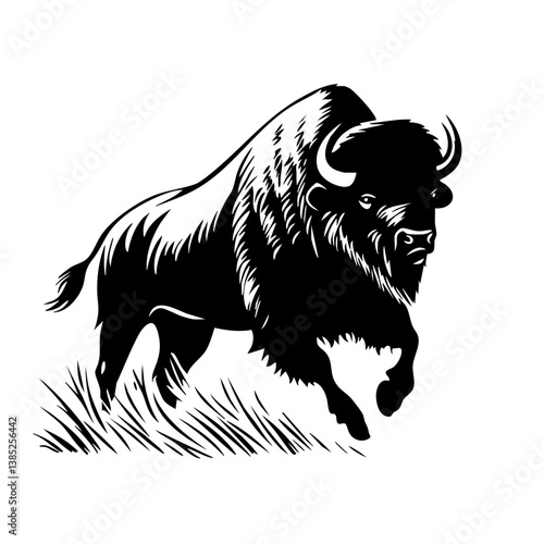 Buffalo running in full stride showcasing strength and power among grasslands under an open sky