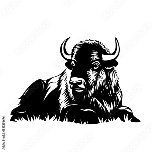 Black vector design of a bison resting on grass, showcasing detailed features and textures of the animal in a calm position