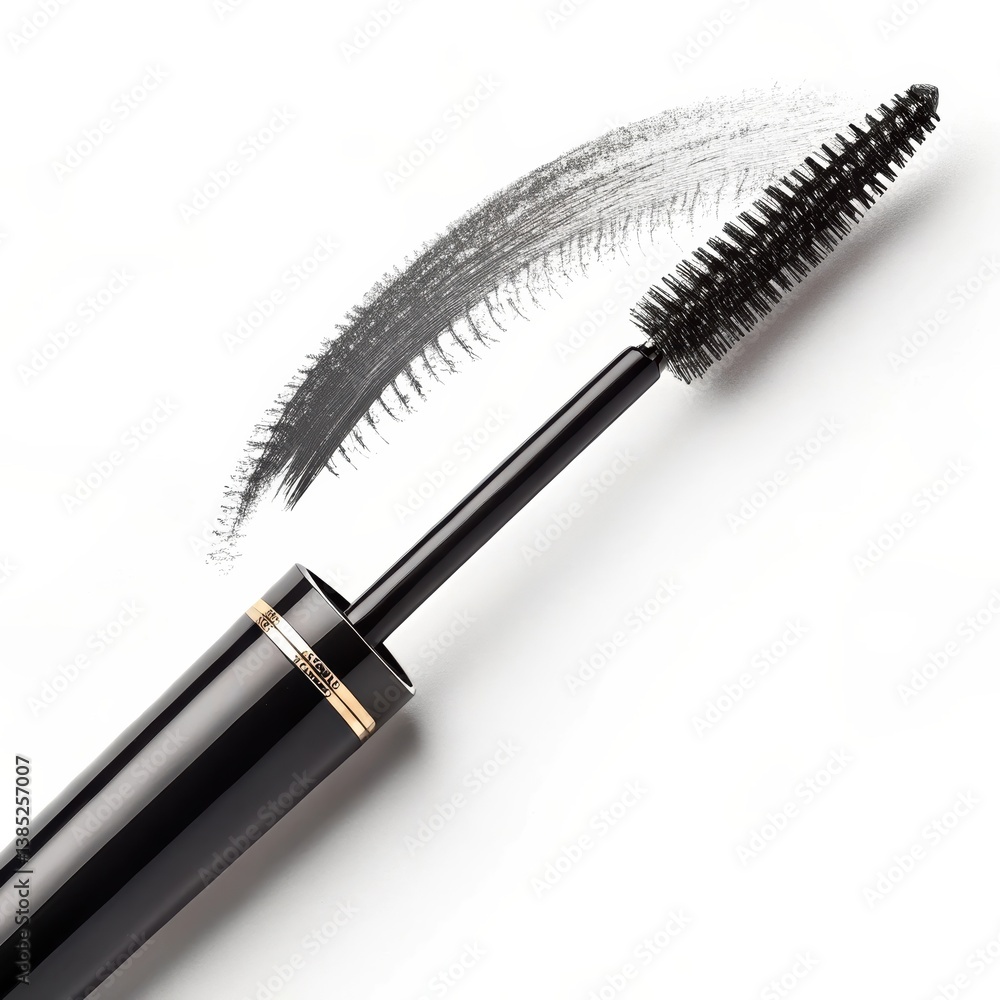 Naklejka premium Luxury black mascara with applicator and swatch on a white background