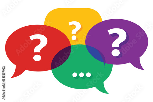 Colorful Speech Bubbles Overlapping with Question Marks and Three Dots Design