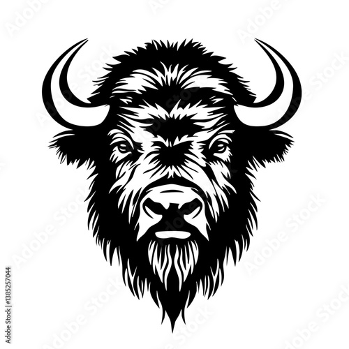 Stylized black vector illustration of a buffalo head showcasing detailed features and powerful expression in a bold design