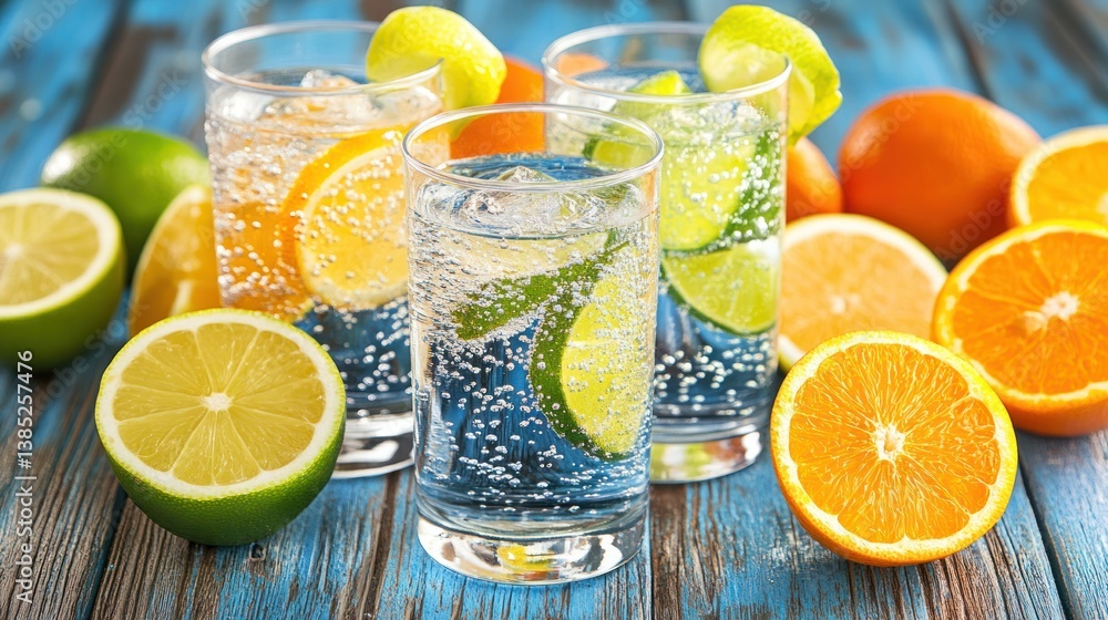 Refreshing Bubbly Citrus Beverages with Garnishes of Lime and Lemon on Rustic Wooden Table Refreshing Bubbly Citrus Beverages with Garnishes of Lime and Lemon on Rustic Wooden Table