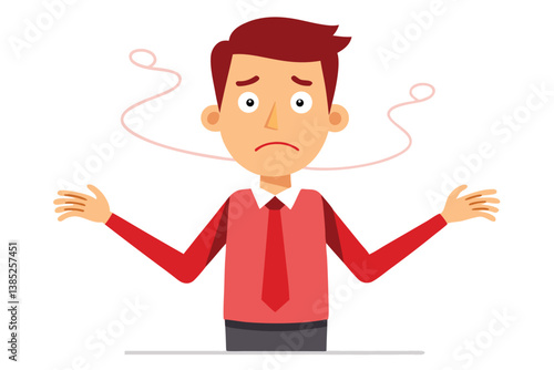 Confused Man with Pink Dizzy Lines, Unsure with Open Palms on White Background