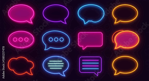 A grid of twelve speech bubbles, rendered in a vibrant, neon-like style with highly saturated shades of pink, purple, blue, orange, and yellow, combining digital drawing and 3D rendering techniques. 